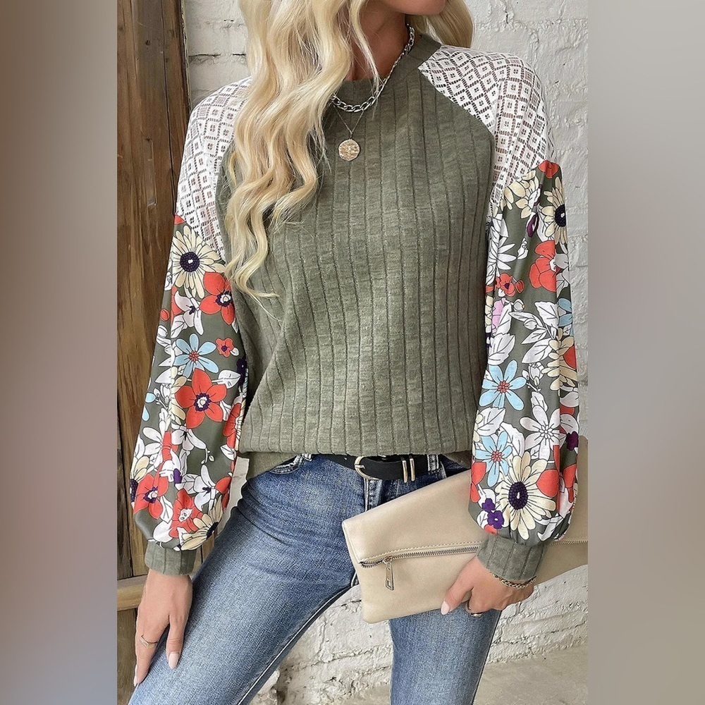Olive Green Floral Patchwork Blouse Ribbed Lace Balloon Sleeve Whimsigoth XL